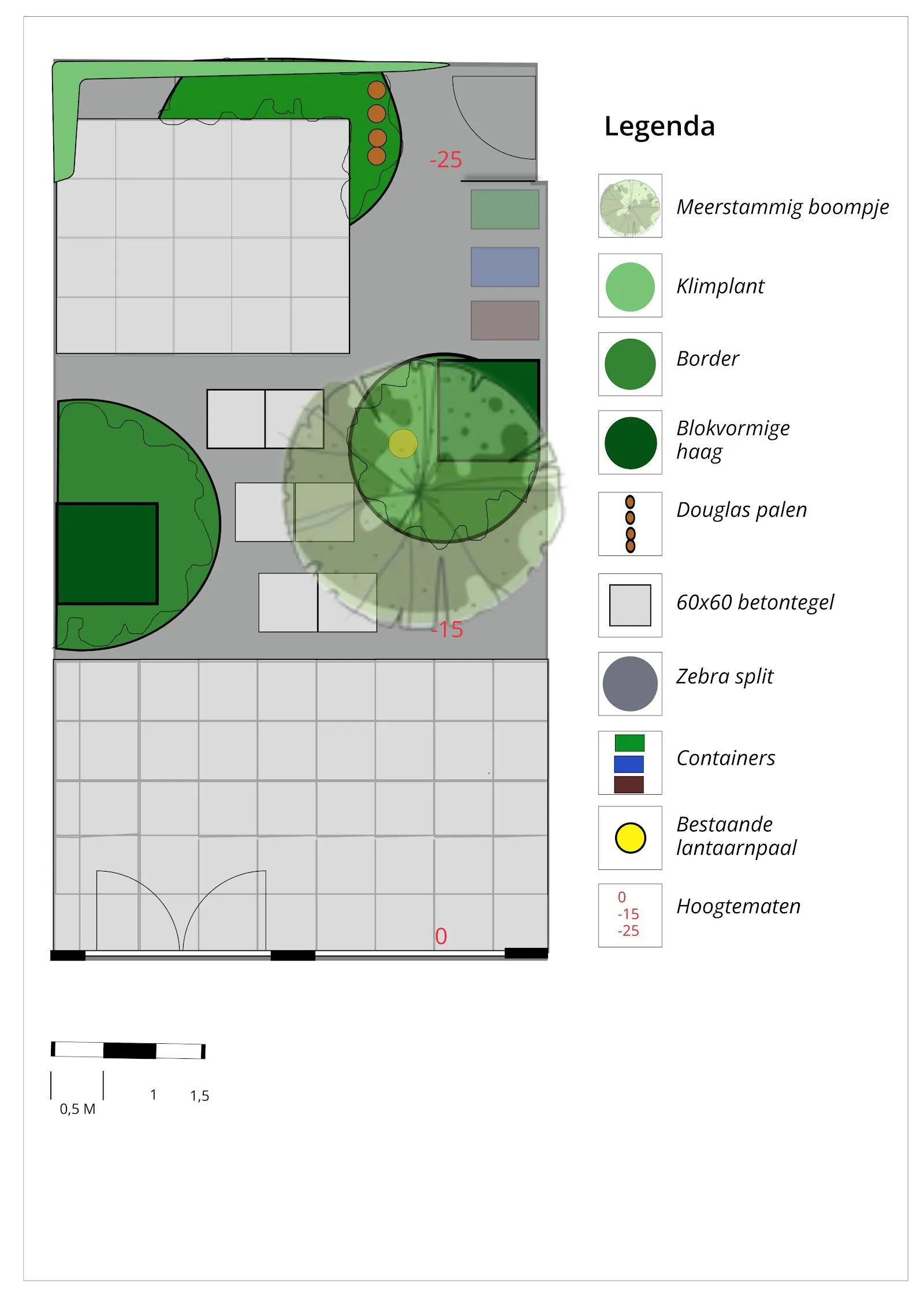 Tuinontwerp van Rob voor een voortuin, met legenda en hoogtematen