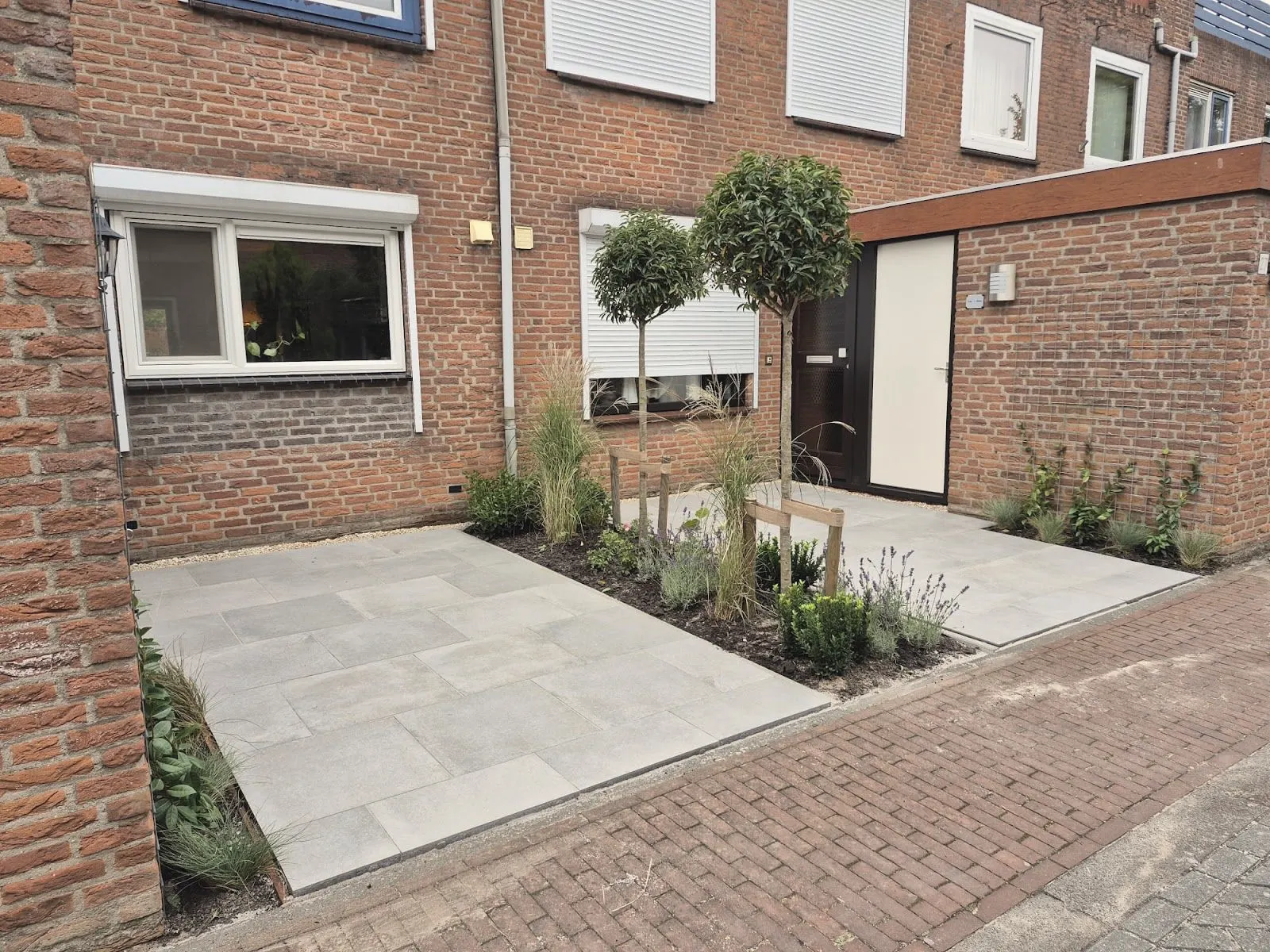 Nieuw aangelegde voortuin met grote grijze tegels, twee bolboompjes en een border